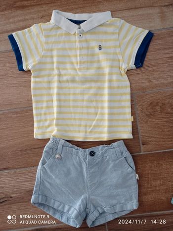 Ensemble 6 mois, short Chambray + Polo rayé blanc/jaune paille