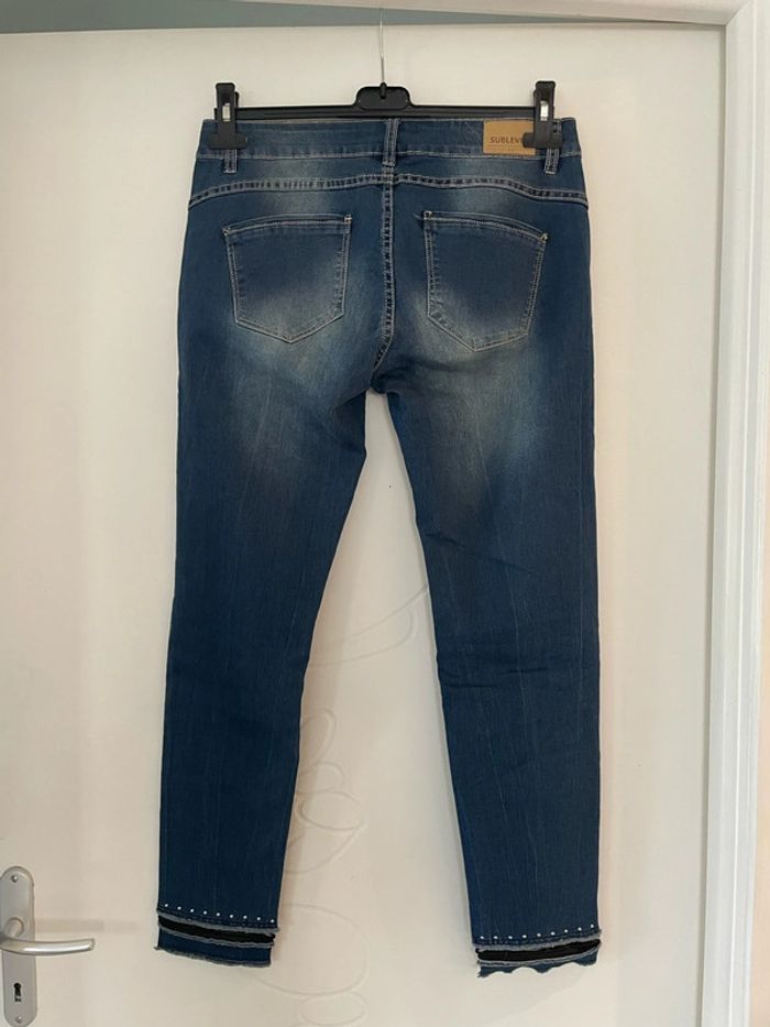 Jean court bleu taille basse coupe skinny bas dentelle et clou sublevel taille M - photo numéro 5