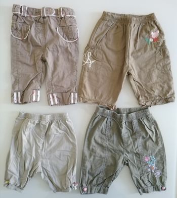 Lot de 4 pantalons :
1 avec souris rose, taille élastique, taille 67 cm
1 avec fleurs colorées et boutons pressions au bas des jambes, taille 6 mois
1 uni, taille élastique, correspond plus à 1 pantacourt, taille 6 mois
1 avec tissus blanc et couleurs, ta