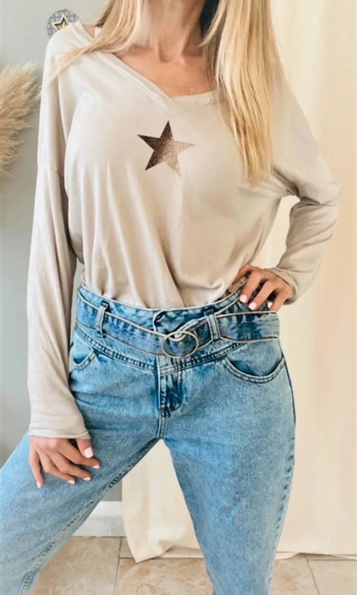 Haut tendance 100 % coton – étoile glitter n– beige