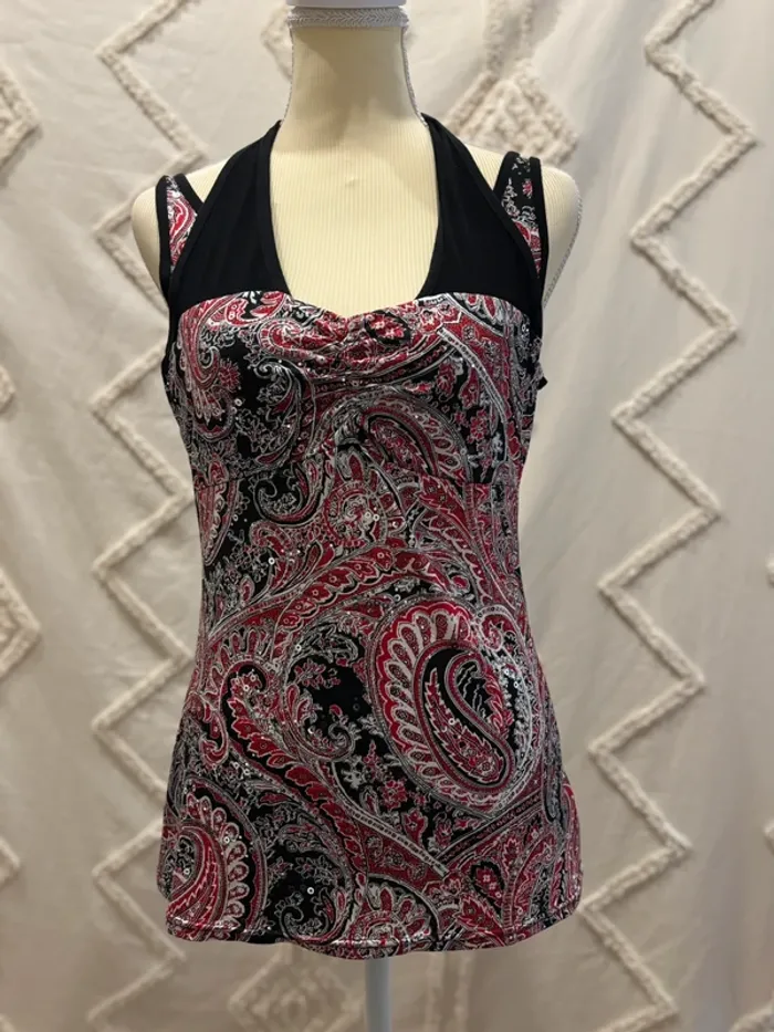 Top dos nu vintage à nouer - imprimé cachemire & sequins