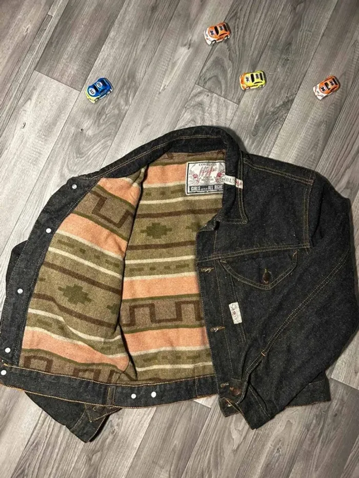 Veste en jean feministe interrieur en laine vintage Complices – Fifty Five – Doublure blanket