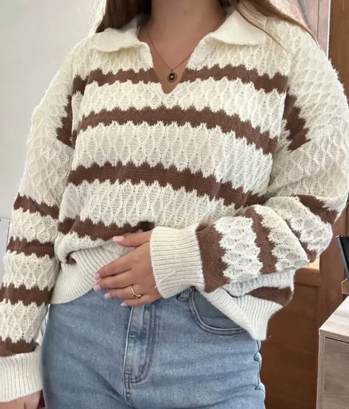 Pull Femme Rayé Marron Écru Col Polo - Taille L Neuf Tricot Chunky Automne - photo numéro 2