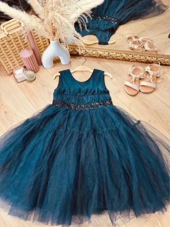 Taille 10 ans robe créateur fille TAO bleu marine * sequins et tulle * 🌸