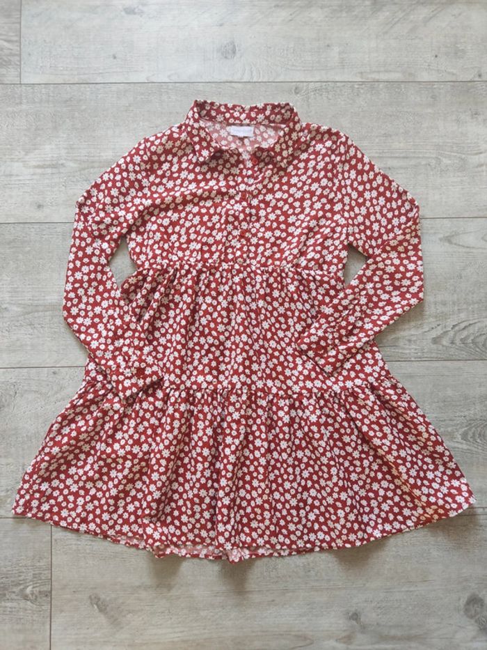 Robe mi-longue manches longues col chemise motif fleuri blanc et terracotta taille 38 Anna Karel - photo numéro 6