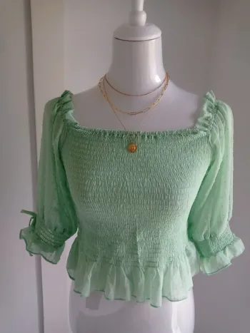 Magnifique haut blouse court vert d'eau avec noeuds sur les manches T.M Jennyfer