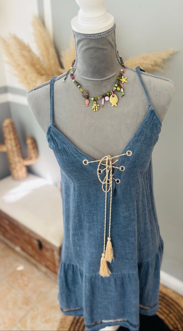 Robe bleue  bohème été coton et lin taille unique - photo numéro 6
