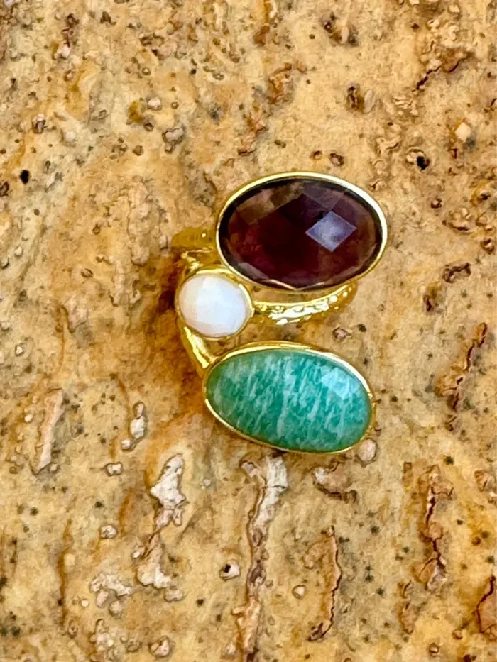 Grosse bague habaha Paris acier inoxydable or réglable pavés améthyste jade vert blanc - photo numéro 4