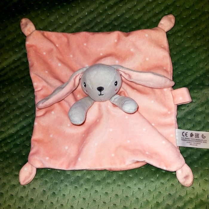 Doudou Plat Lapin Gris Rose Etoiles Blanc Attache Tétine Simba Toys
