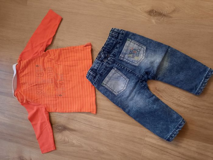 Ensemble garçon polo orange manches longues et jean bleu assorti Orchestra 9 mois - photo numéro 2