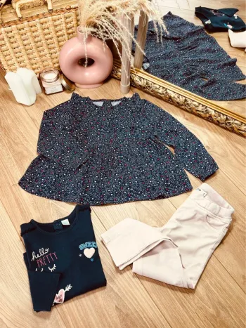 Taille 3 ans tenue 3 pièces fille Gemo Tex bleu marine et rose pâle * coeurs * 🩷