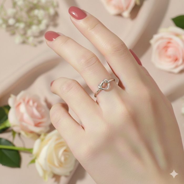 Bague argentée noeud coeur réglable en acier inoxydable - photo numéro 2