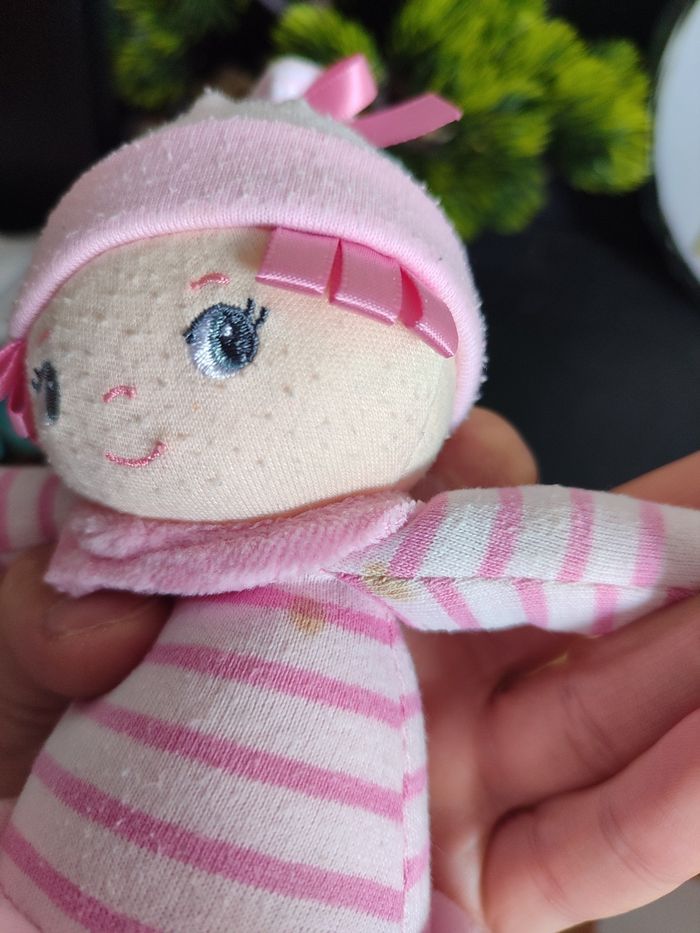 Doudou poupée fille fillette corolle rose rayé blanc coeur 2009 bonnet  DD003540 - photo numéro 3