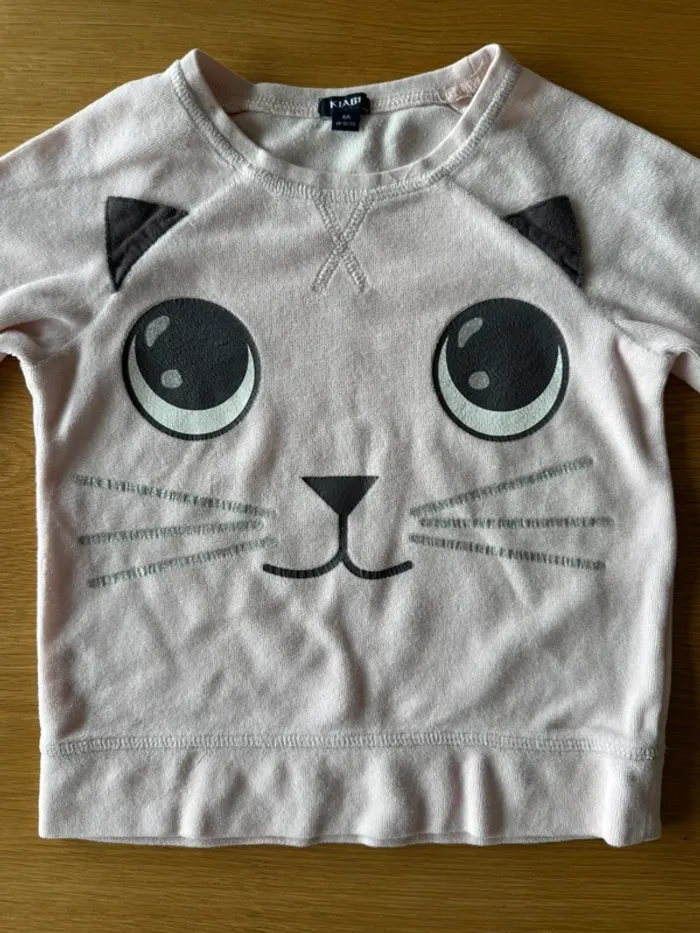 Pyjama 2 pièces en velours à ML haut rose pâle et tête de chat, bas gris - Taille 4 Ans - photo numéro 5