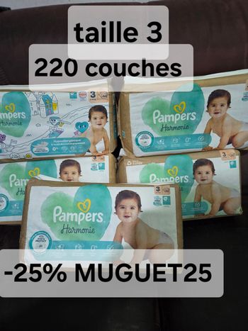 Lot de 5 paquets pampers Harmonie taille 3 soit 224 couches 220 couches 