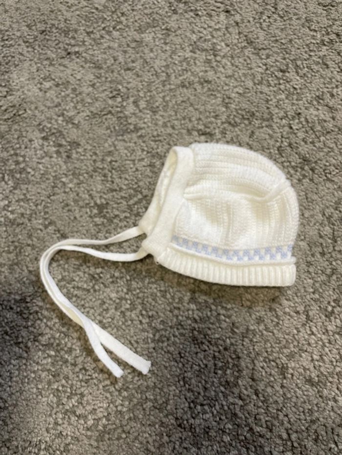 Bonnet laine naissance blanc et bleu - photo numéro 3