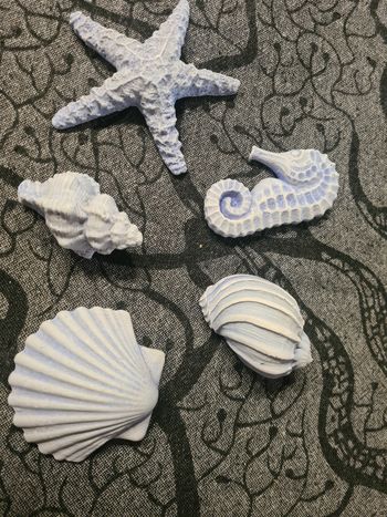5 décorations mer. Coquillages 8 cm. Étoiles 11 cm. Hippocampe 9 cm. Bleu
