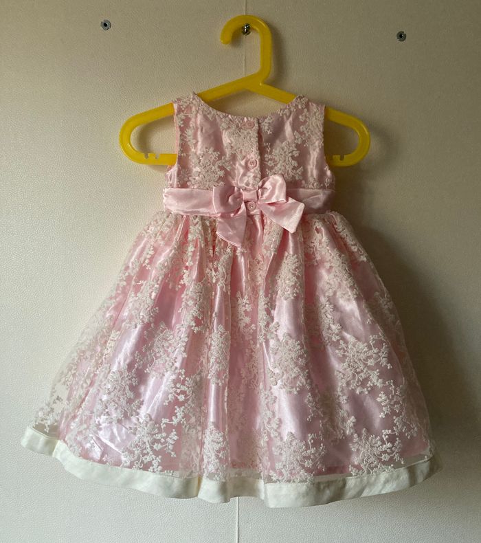 robe cérémonie rose avec tulle brodé et noeuds bébé 18 mois - photo numéro 3