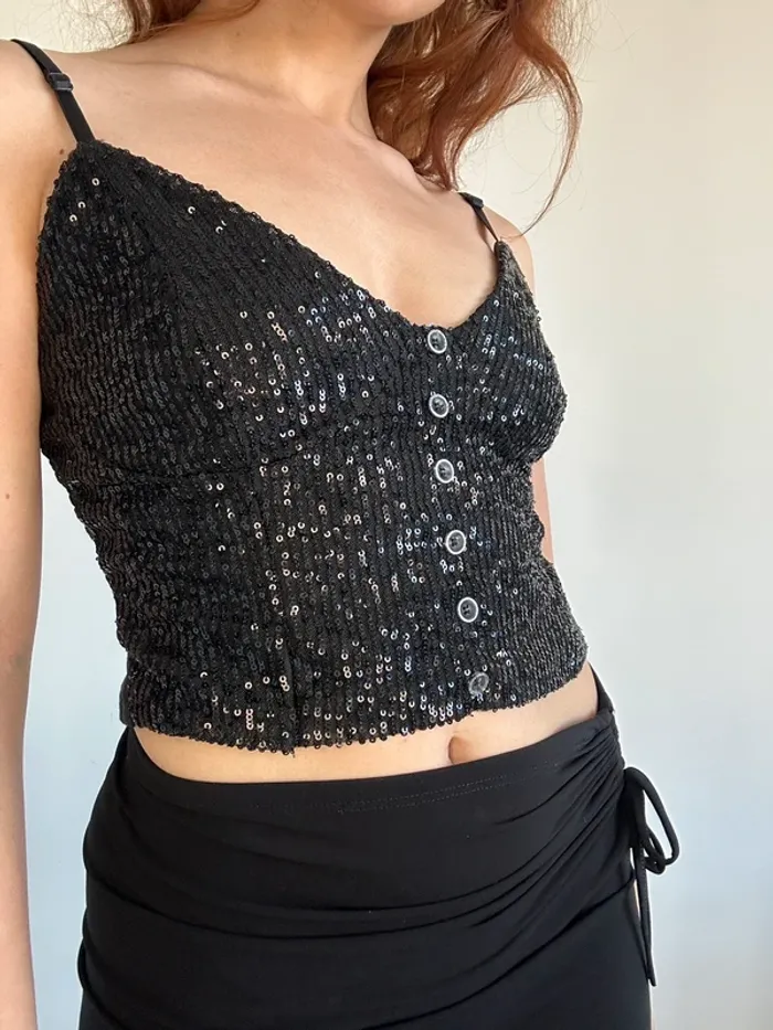 Top débardeur y2k années 2000 noir à sequins taille S