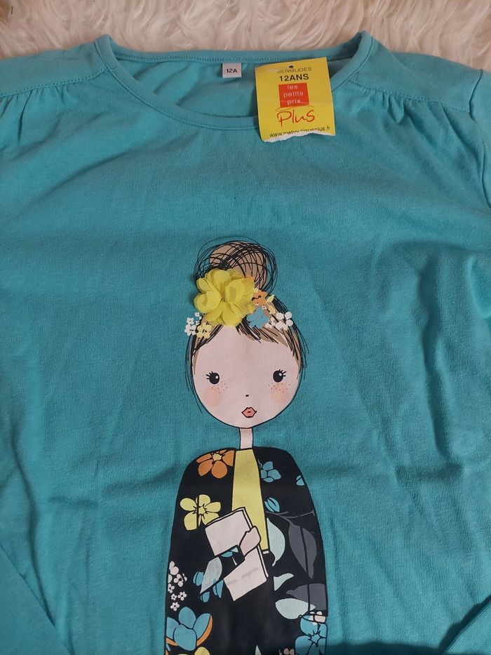 Lot 2 t-shirts ML bleu dessins fantaisies 12 ans neufs 👧 - photo numéro 4