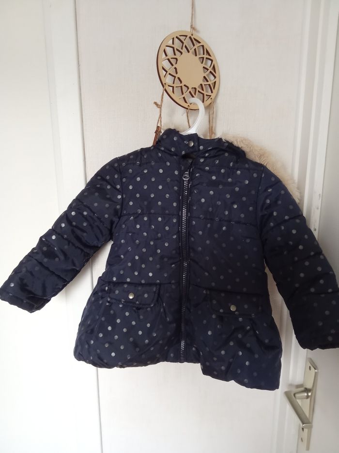 Manteau long, ,veste, doudoune  hiver bébé fille capuche 12 mois, 1 an, marine,  blanc, motifs, chaude, capuche 12 mois