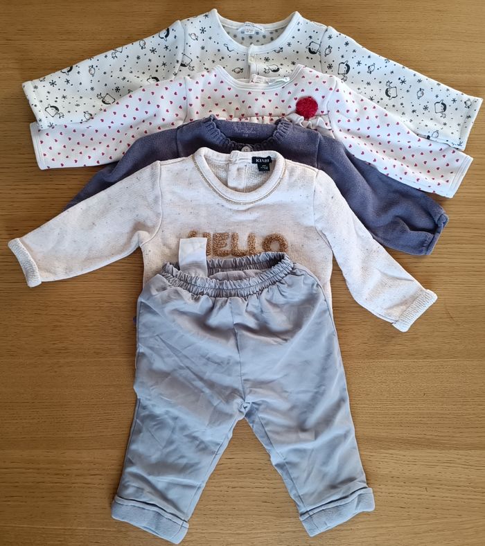 LOT : 1 pantalon + 3 gilets + 1 pull = 5 vêtements 6 mois 63-69 cm fille - photo numéro 2