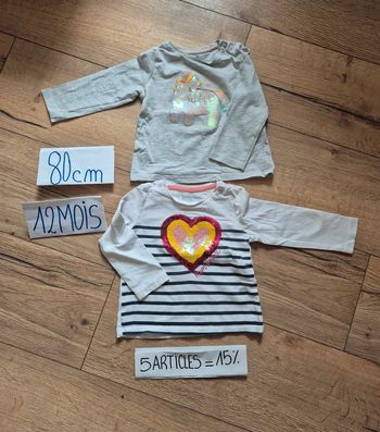Lot 2 tee-shirts manches longues 12 mois Sequins cœur & licorne