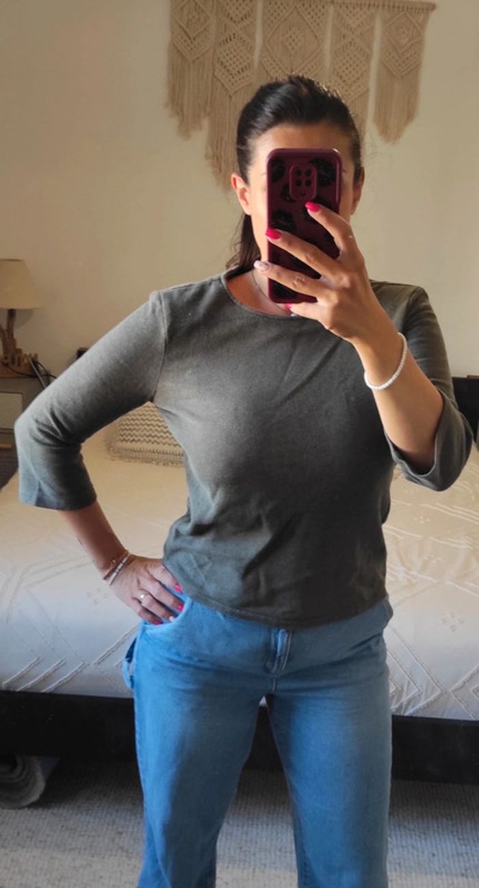 Haut top sweat manches 3/4 Sessùn gris kaki avec fil métallisé rose L - photo numéro 2