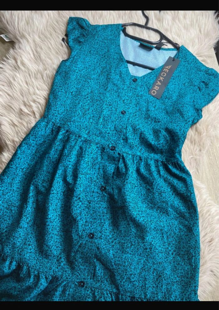 Robe courte bleu canard / vert tacheté de noir Beckaro Taille XS / 34 Neuf avec étiquette