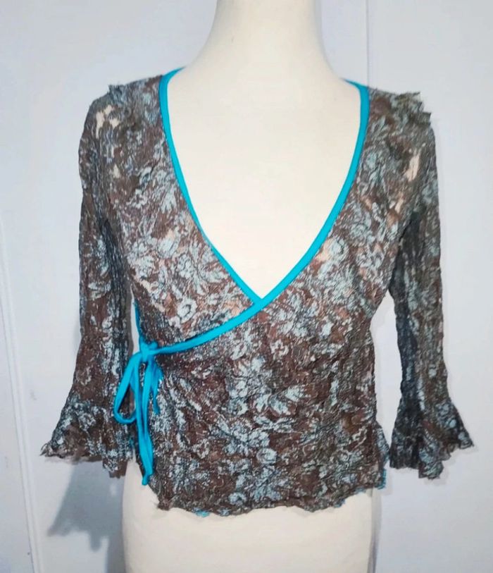 💎haut blouse cache coeur femme dentelle marron et bleu turquoise t xs 34 S 36 - photo numéro 2
