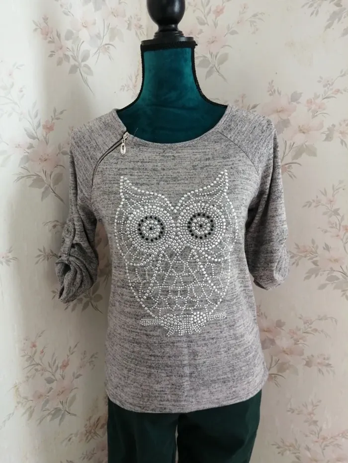 Pull fin gris chiné avec hiboux en strass manches réglables / sans marque / (TU) - photo numéro 3