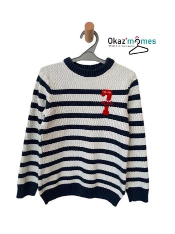 Pull rayé à grosse maille coton bleu marine et blanc - Orchestra 8 ans