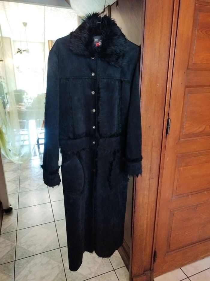 Manteau long noir fausse fourrure faux fur black coat L/40 vintage y2k - photo numéro 4