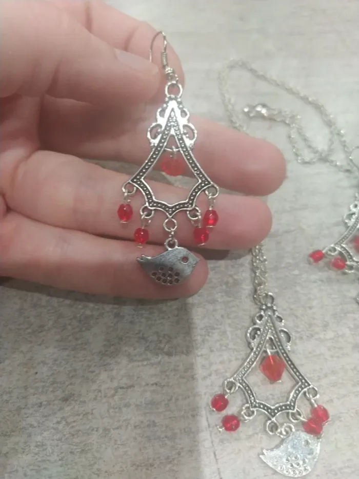 Ensemble collier et boucle d'oreille oiseau et perle rouge - photo numéro 5