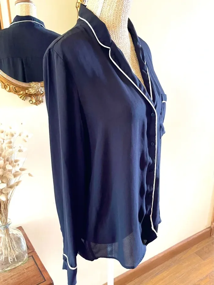 Sublime blouse chemise à boutonnage et col manche longue noir à liseré blanc fluide Zara taille L - photo numéro 15