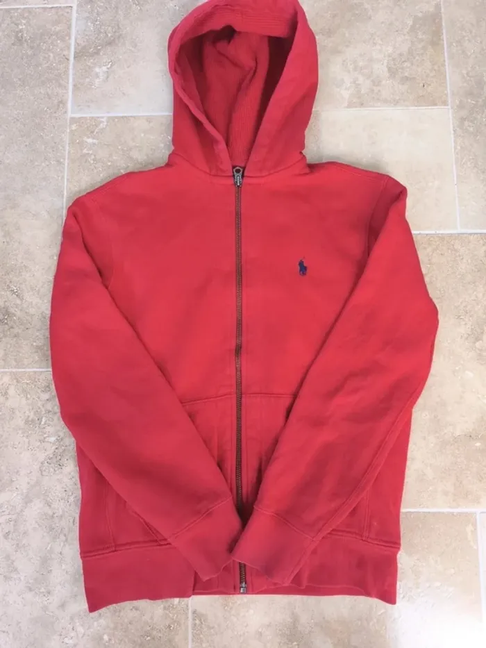 Sweat capuche zippé Ralph Lauren homme M rouge logo marine excellent état - photo numéro 11