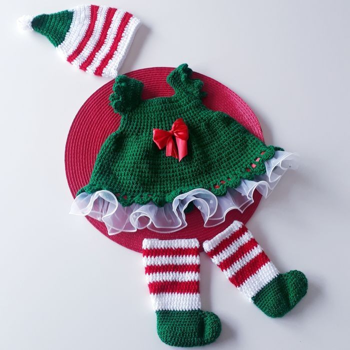 Vêtement bébé fille lutin Noël robe crochet dentelle noeud satin rouge