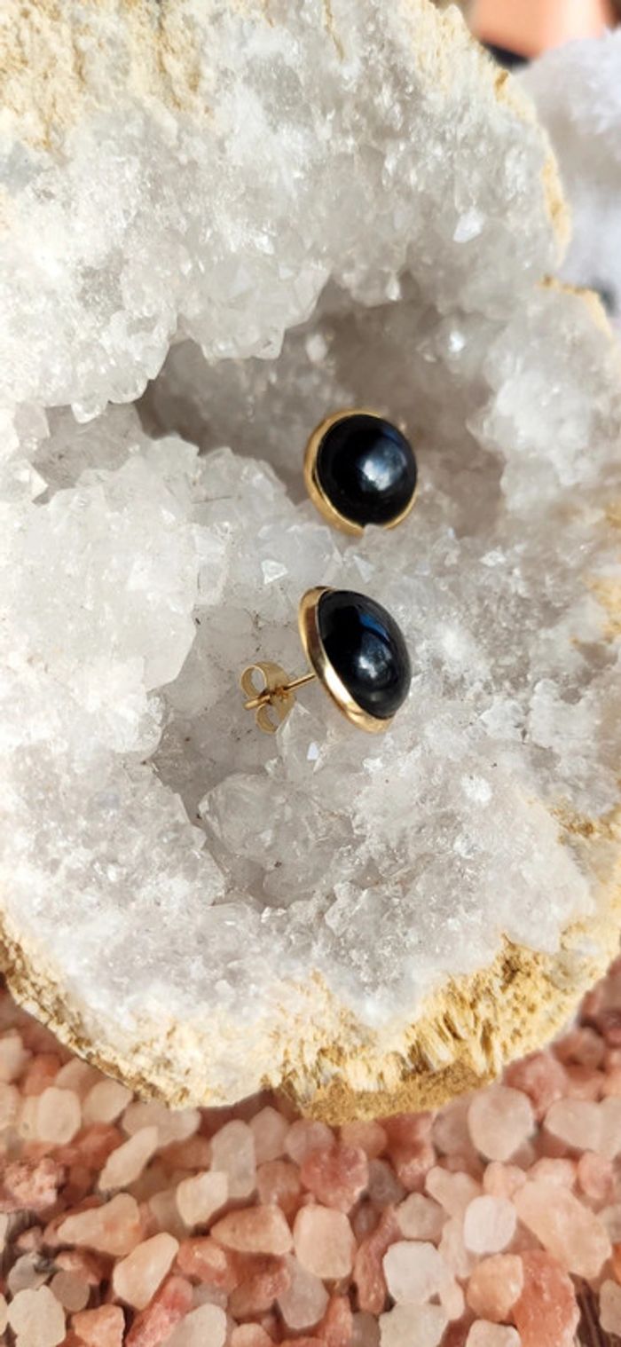 Boucles d'oreilles Clous plaqué or 18 en Obsidienne - photo numéro 3