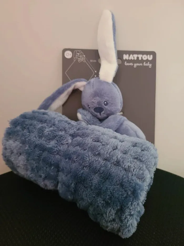 Doudou couverture lapin NATTOU Lapidou bleu marine et bleu 50 cm NEUF