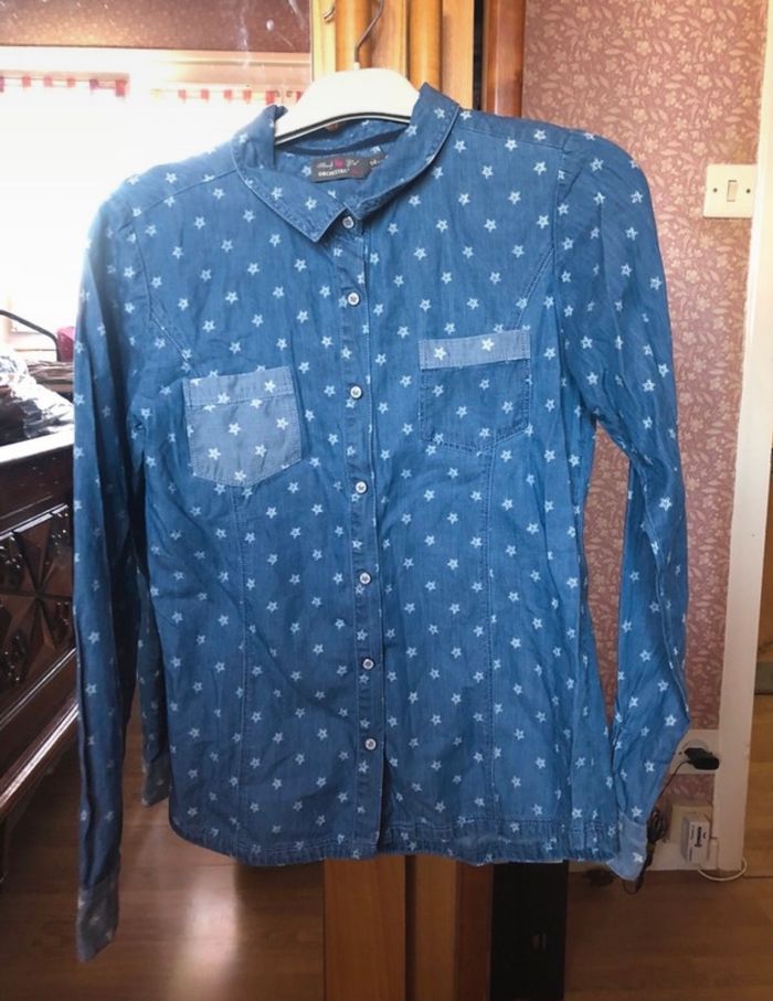 Chemise à manches longues bleu à motifs, taille 14 ans, marque Orchestra.