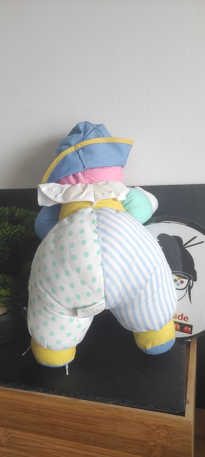 Ancienne peluche clown bleu vert jaune rose blanc pois rayures Jaune Vintage - photo numéro 2