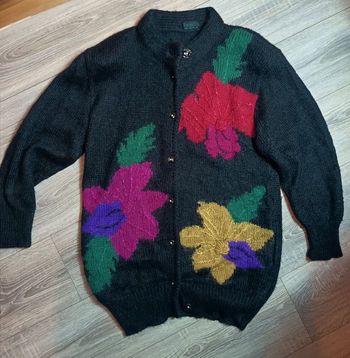 Cardigan Vintage femme noire motifs fleurs taille XL