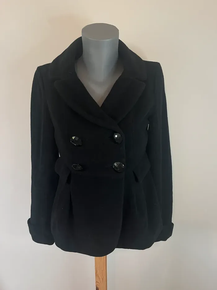 Manteau court noir DDP – laine & polyester, gros boutons, taille L