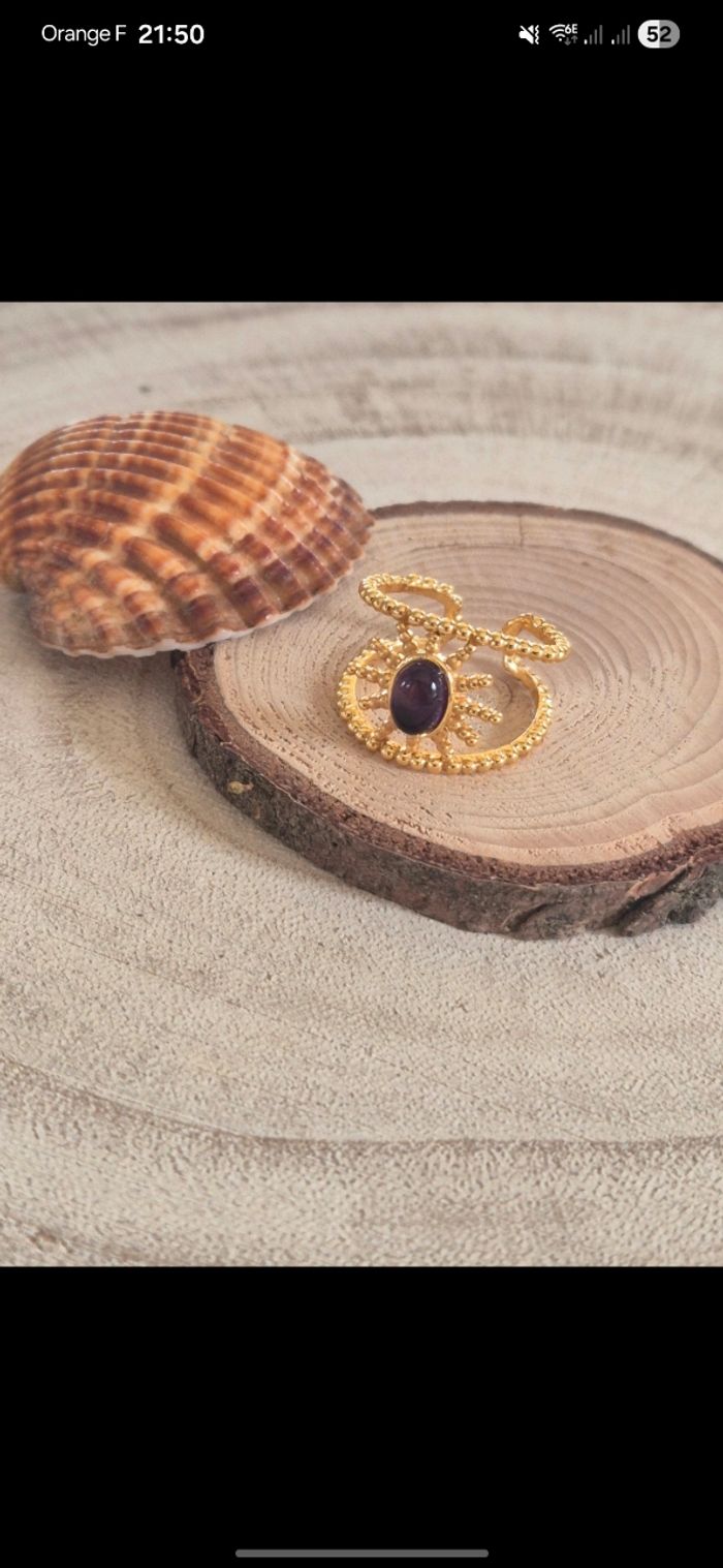 Bague soleil en laiton et cuivre dorée avec améthyste - photo numéro 5
