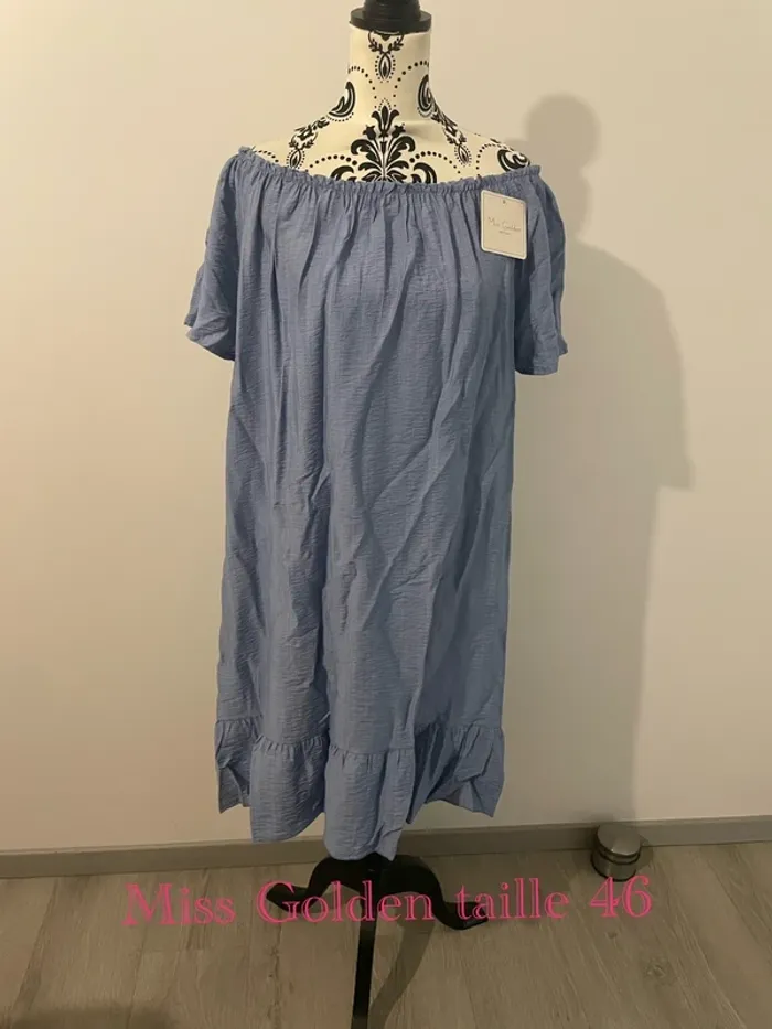 Robe ample bleu à manches courtes col élastique bas volant neuf Miss Golden taille 46