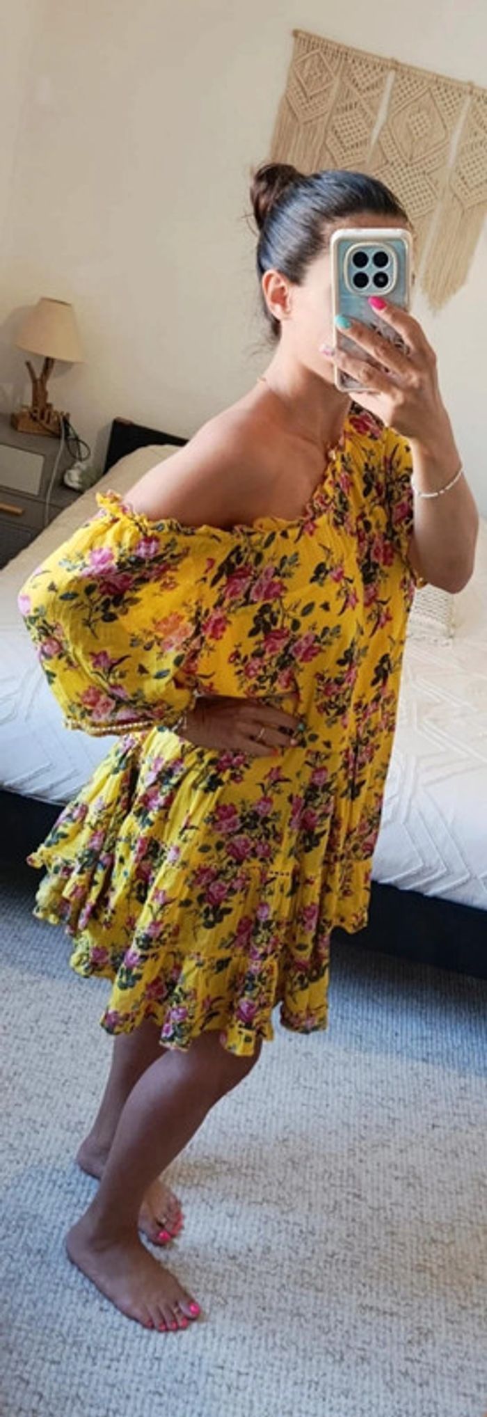Robe bobo chic Rhum Raisin T3 jaune fleuri épaules dénudées 100% coton - photo numéro 3