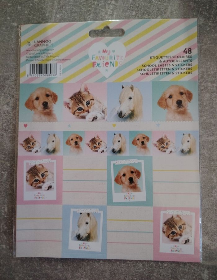 Lot 48 étiquettes scolaires et autocollants animaux my favorite friends lannoo