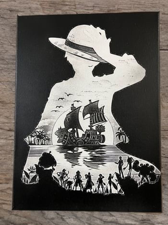 Tableau One Piece noir et blanc – Luffy et l’équipage, style silhouette en toile 30x40cm - photo numéro 2