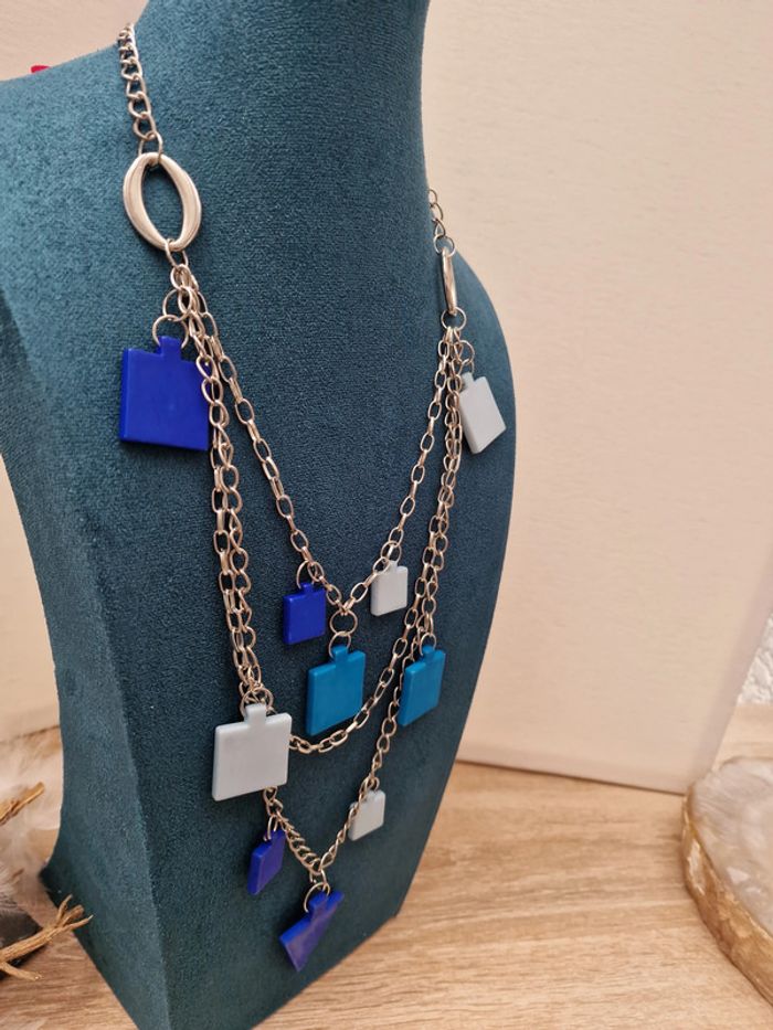 Collier Sautoir Trois Rangs Argenté Bleu Foncé Bleu Clair - photo numéro 4