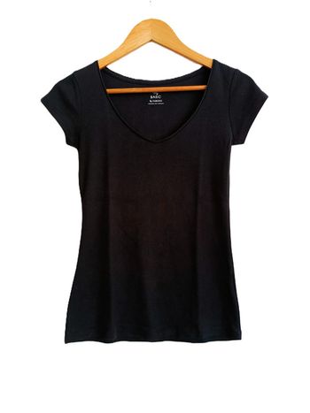 T shirt noir. Col v. Manches courtes. Camaieu. Coton. Elasthanne. Taille S